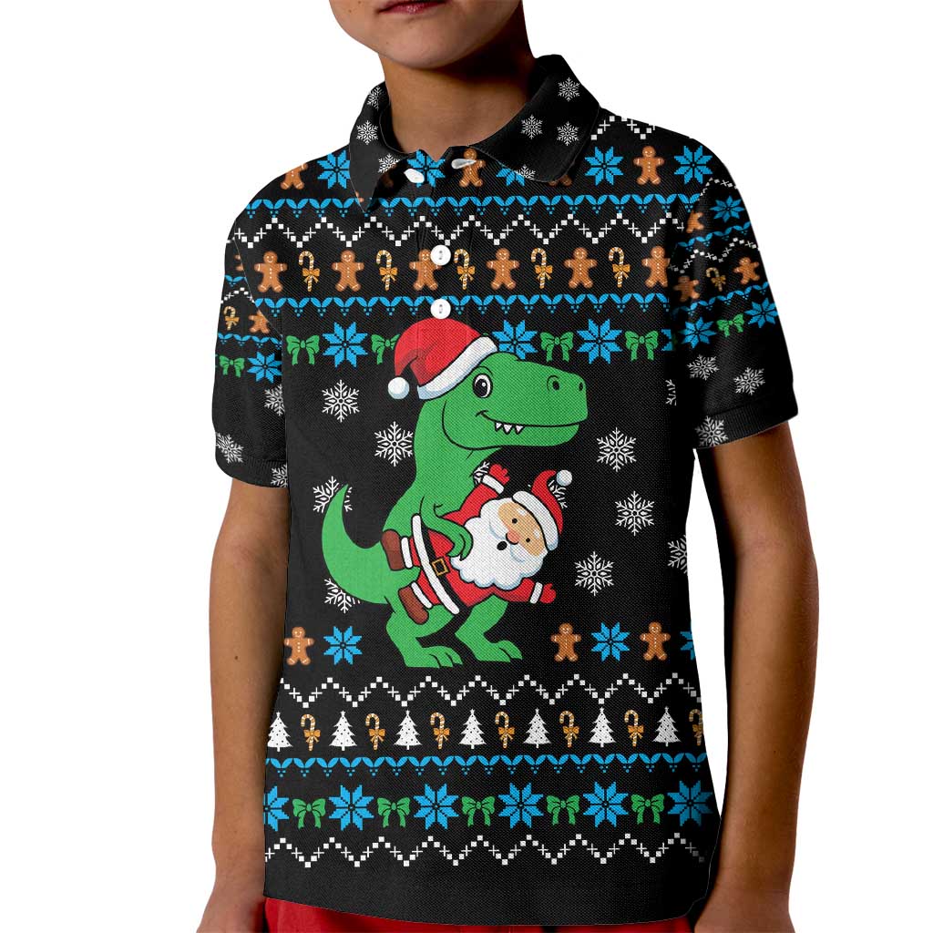 Funny Santa Riding Dinosaur Christmas Kid Polo Shirt Gingerbread Snowflake Pattern - Wonder Print Shop