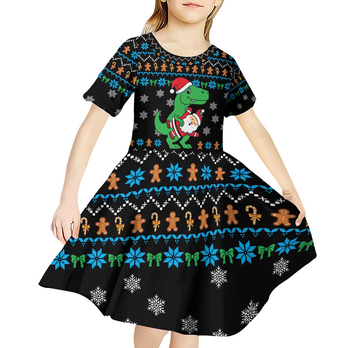 Funny Santa Riding Dinosaur Christmas Kid Short Sleeve Dress Gingerbread Snowflake Pattern - Wonder Print Shop