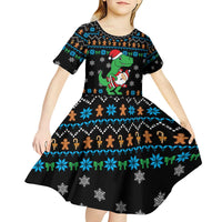 Funny Santa Riding Dinosaur Christmas Kid Short Sleeve Dress Gingerbread Snowflake Pattern - Wonder Print Shop