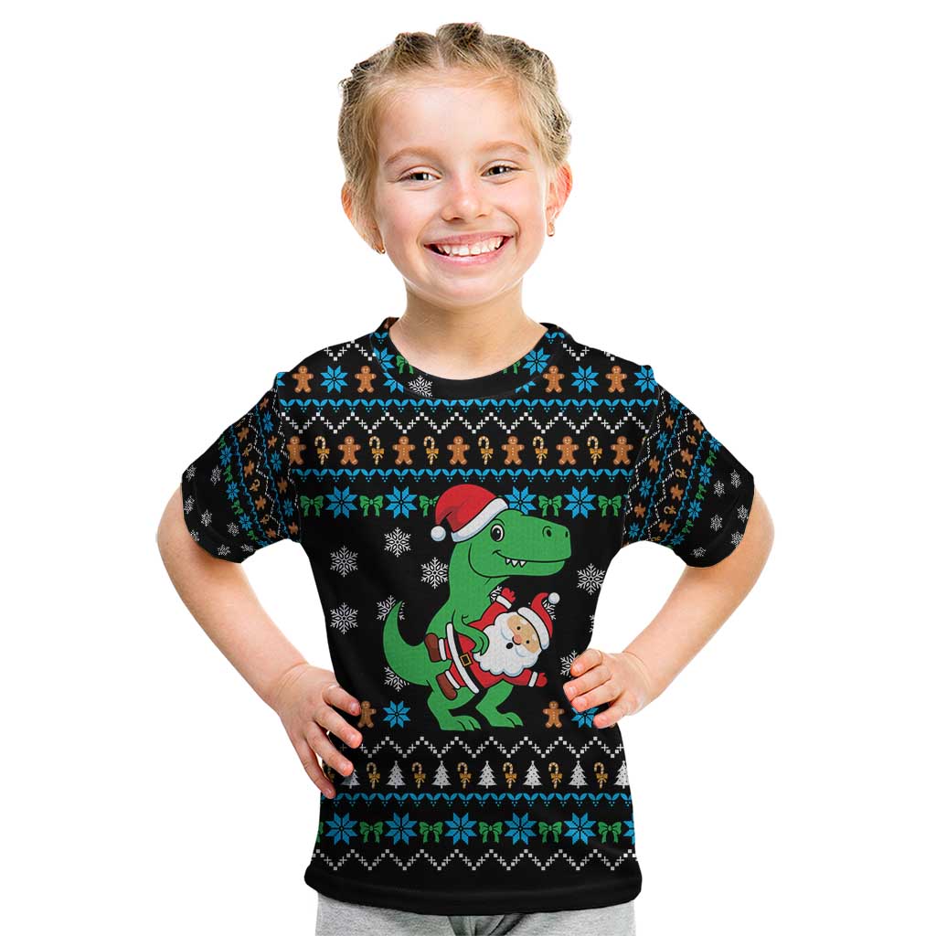 Funny Santa Riding Dinosaur Christmas Kid T Shirt Gingerbread Snowflake Pattern - Wonder Print Shop