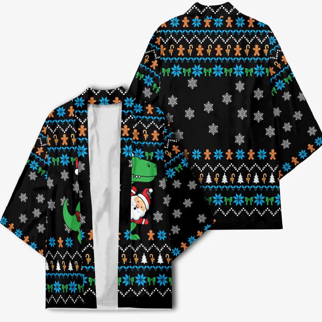 Funny Santa Riding Dinosaur Christmas Kimono Gingerbread Snowflake Pattern - Wonder Print Shop