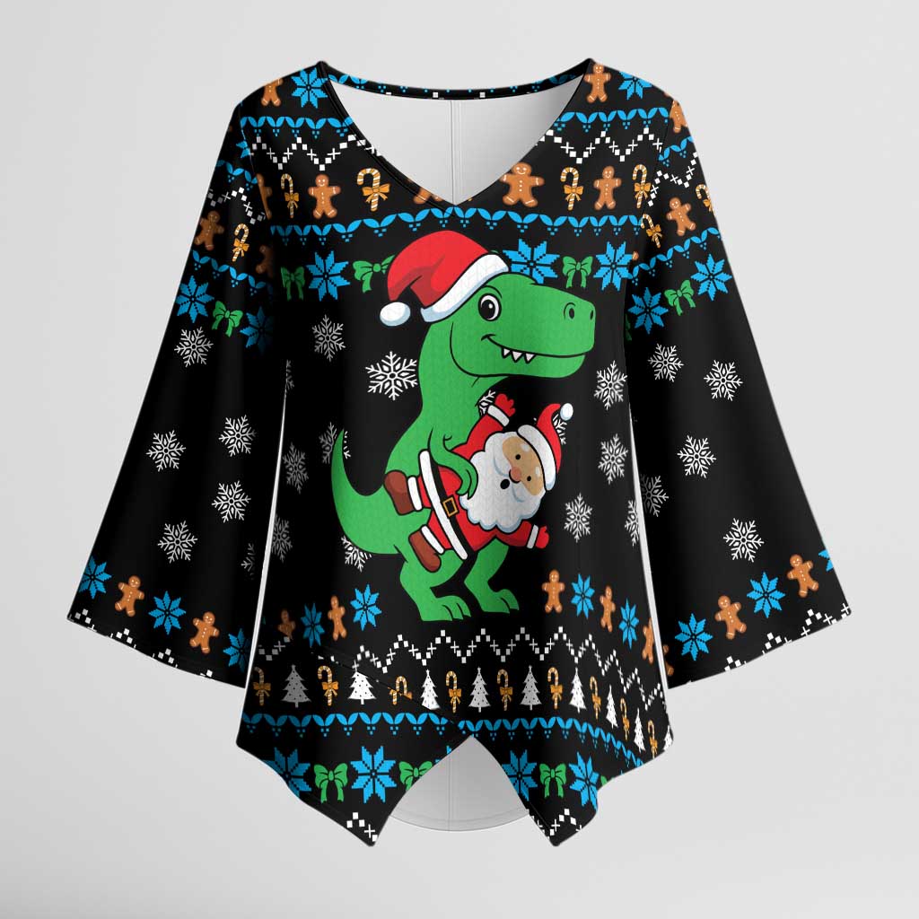 Funny Santa Riding Dinosaur Christmas Kimono Sleeve Blouse Gingerbread Snowflake Pattern - Wonder Print Shop