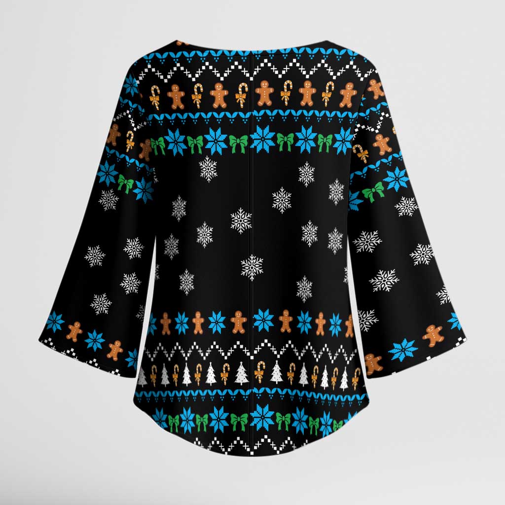 Funny Santa Riding Dinosaur Christmas Kimono Sleeve Blouse Gingerbread Snowflake Pattern - Wonder Print Shop