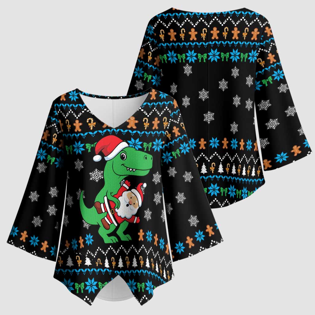 Funny Santa Riding Dinosaur Christmas Kimono Sleeve Blouse Gingerbread Snowflake Pattern - Wonder Print Shop