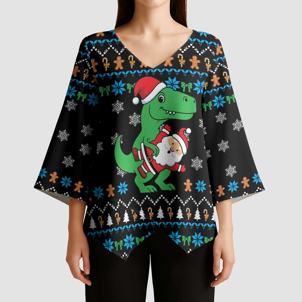Funny Santa Riding Dinosaur Christmas Kimono Sleeve Blouse Gingerbread Snowflake Pattern - Wonder Print Shop