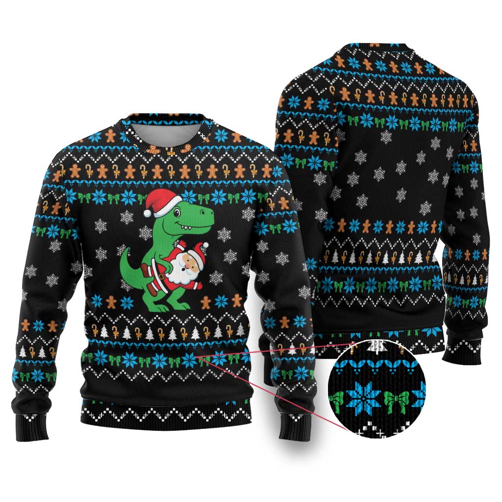 Funny Santa Riding Dinosaur Christmas Ugly Christmas Sweater Gingerbread Snowflake Pattern - Wonder Print Shop