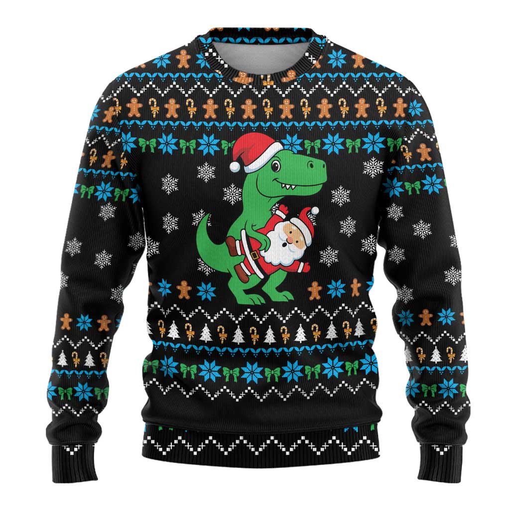 Funny Santa Riding Dinosaur Christmas Ugly Christmas Sweater Gingerbread Snowflake Pattern - Wonder Print Shop