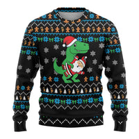 Funny Santa Riding Dinosaur Christmas Ugly Christmas Sweater Gingerbread Snowflake Pattern - Wonder Print Shop
