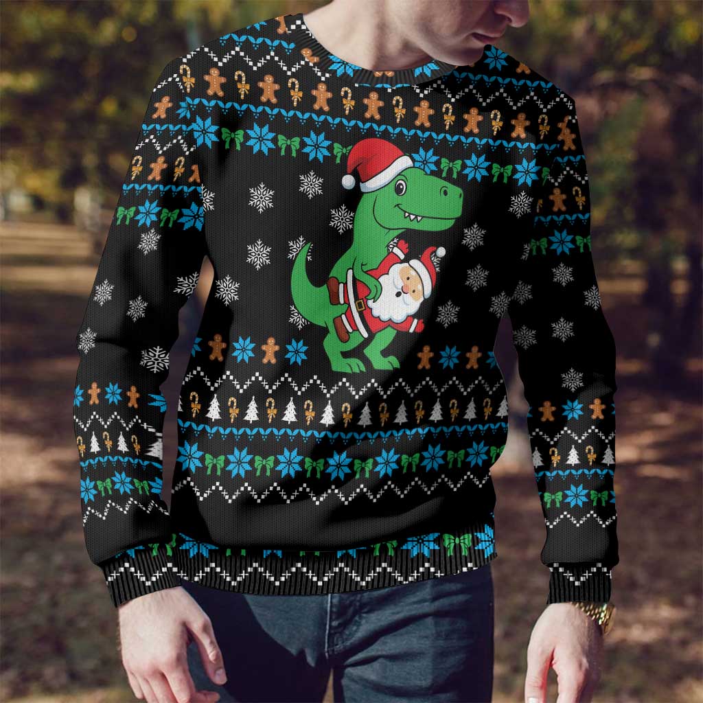 Funny Santa Riding Dinosaur Christmas Ugly Christmas Sweater Gingerbread Snowflake Pattern - Wonder Print Shop