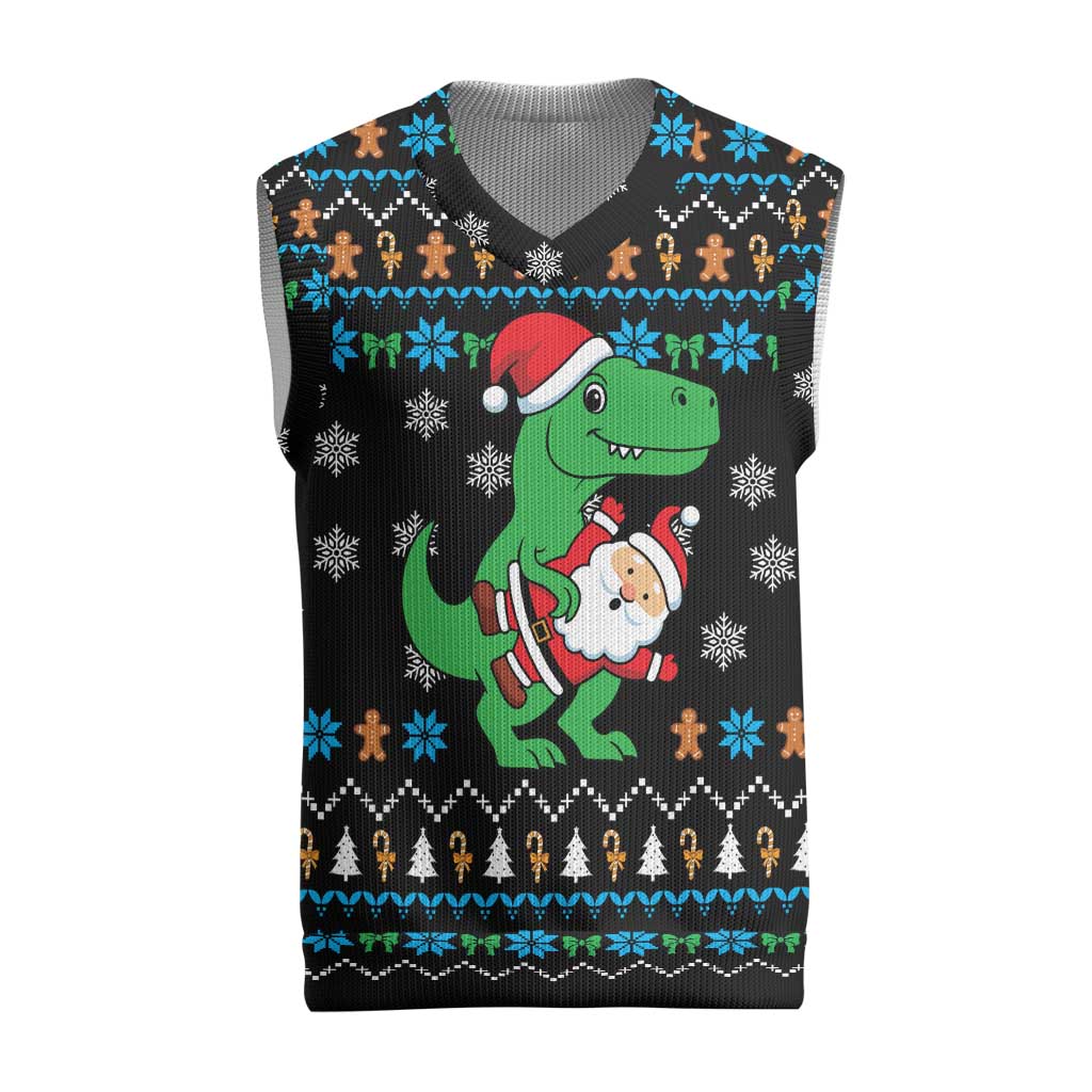 Funny Santa Riding Dinosaur Christmas Knitted V-Neck Vest Gingerbread Snowflake Pattern - Wonder Print Shop