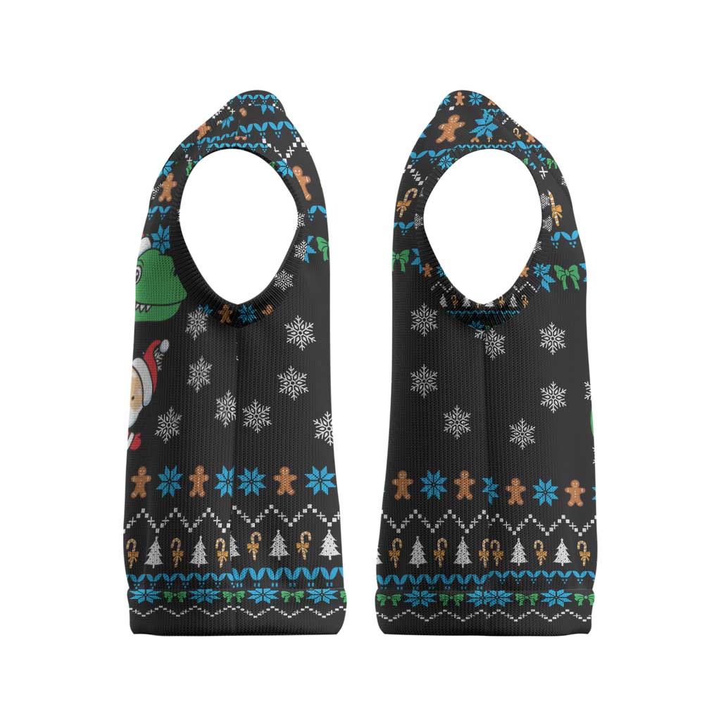 Funny Santa Riding Dinosaur Christmas Knitted V-Neck Vest Gingerbread Snowflake Pattern - Wonder Print Shop