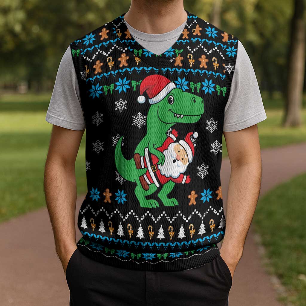 Funny Santa Riding Dinosaur Christmas Knitted V-Neck Vest Gingerbread Snowflake Pattern - Wonder Print Shop