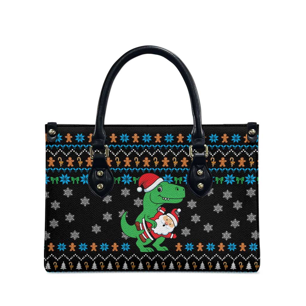 Funny Santa Riding Dinosaur Christmas Leather Bag Gingerbread Snowflake Pattern - Wonder Print Shop
