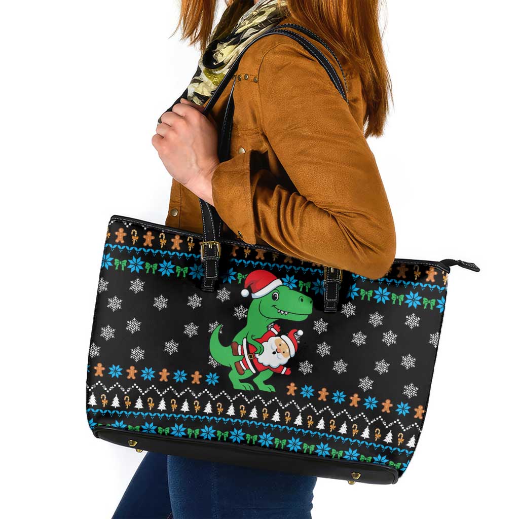 Funny Santa Riding Dinosaur Christmas Leather Tote Bag Gingerbread Snowflake Pattern - Wonder Print Shop