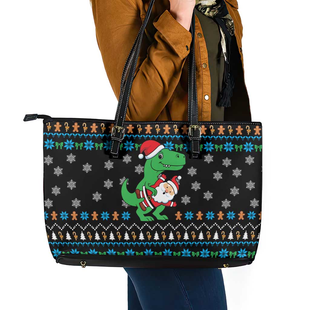 Funny Santa Riding Dinosaur Christmas Leather Tote Bag Gingerbread Snowflake Pattern - Wonder Print Shop