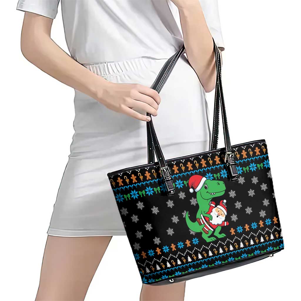 Funny Santa Riding Dinosaur Christmas Leather Tote Bag Gingerbread Snowflake Pattern - Wonder Print Shop