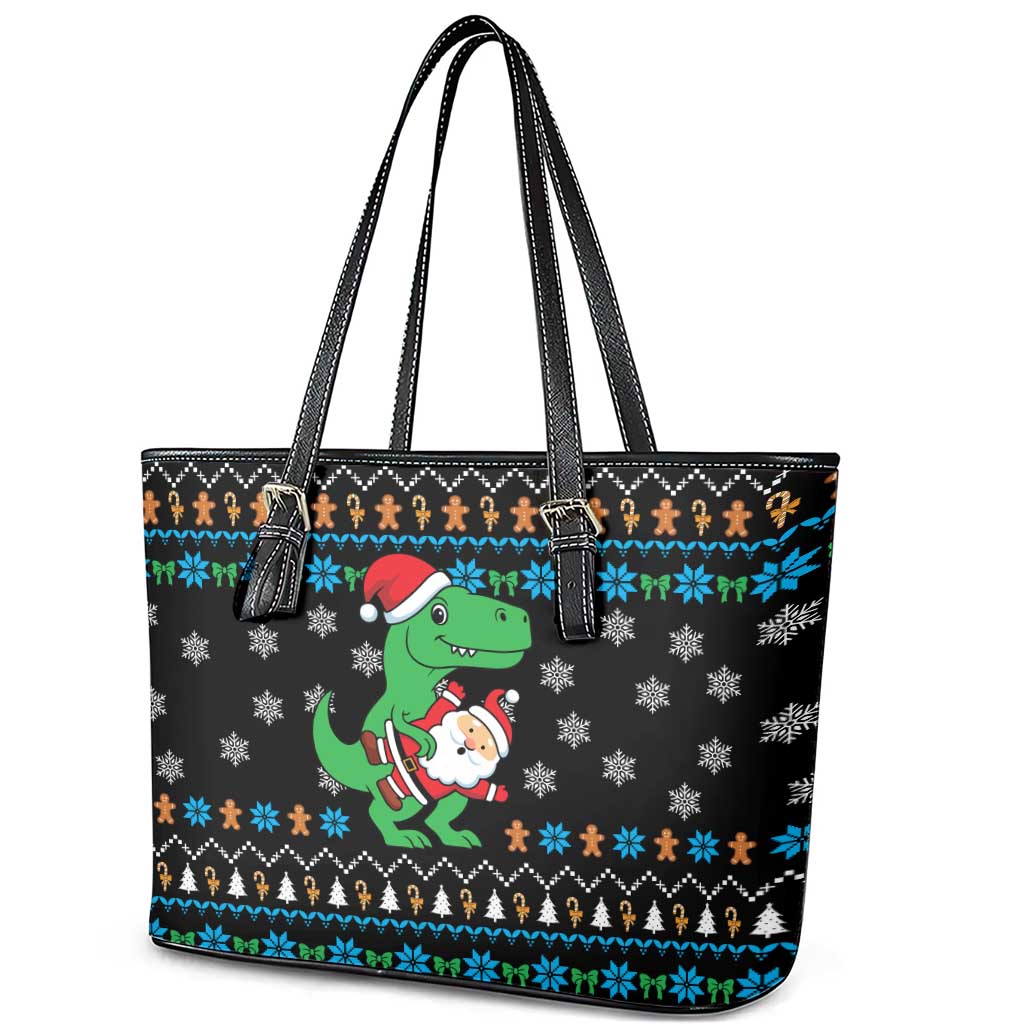 Funny Santa Riding Dinosaur Christmas Leather Tote Bag Gingerbread Snowflake Pattern - Wonder Print Shop