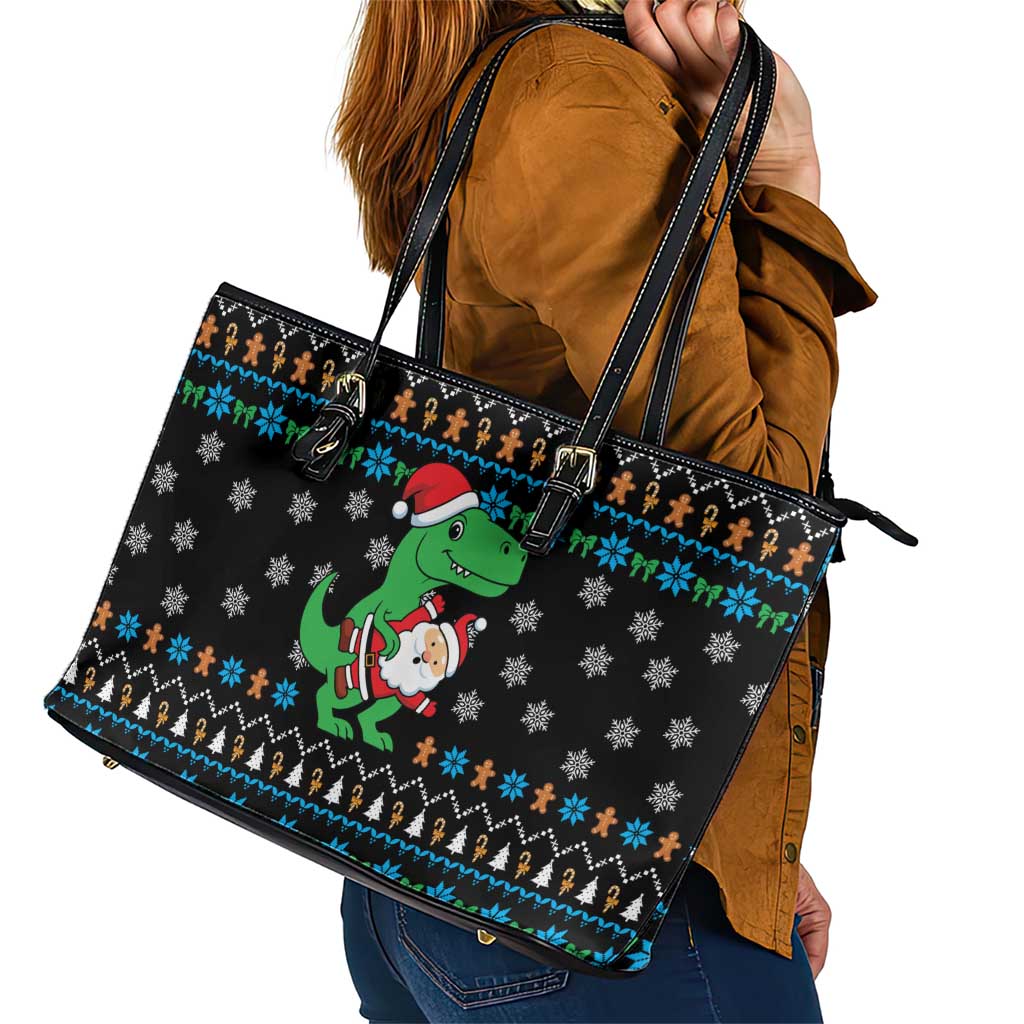 Funny Santa Riding Dinosaur Christmas Leather Tote Bag Gingerbread Snowflake Pattern - Wonder Print Shop