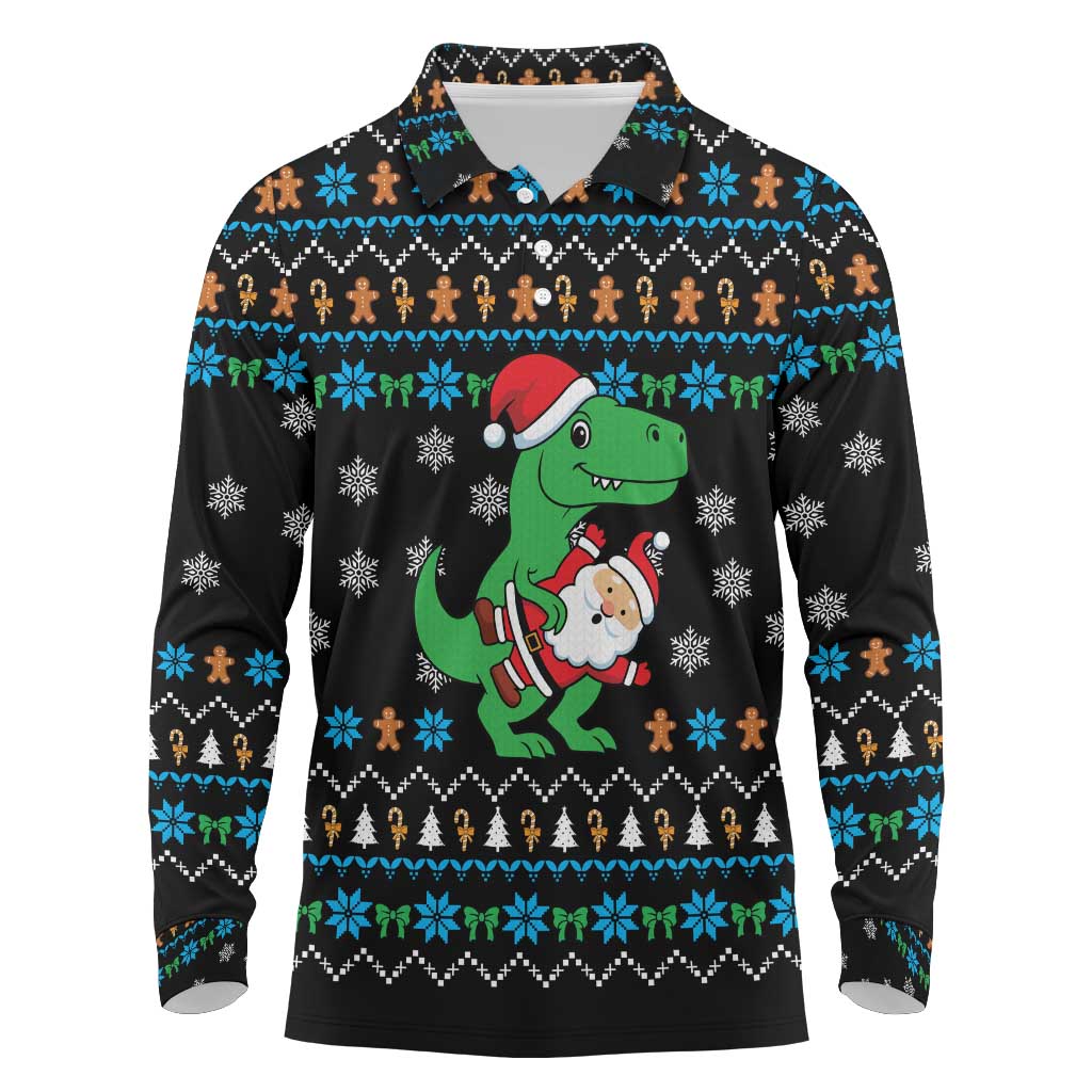 Funny Santa Riding Dinosaur Christmas Long Sleeve Polo Shirt Gingerbread Snowflake Pattern - Wonder Print Shop