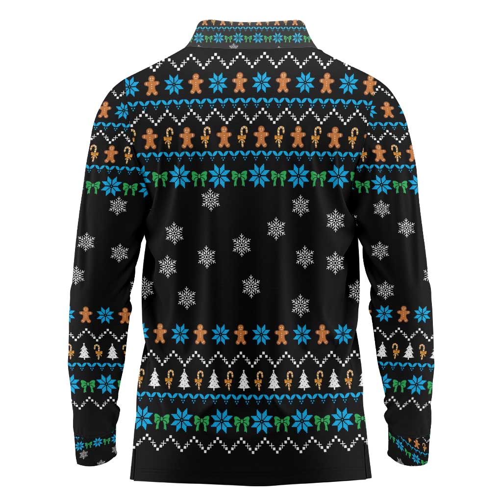 Funny Santa Riding Dinosaur Christmas Long Sleeve Polo Shirt Gingerbread Snowflake Pattern - Wonder Print Shop