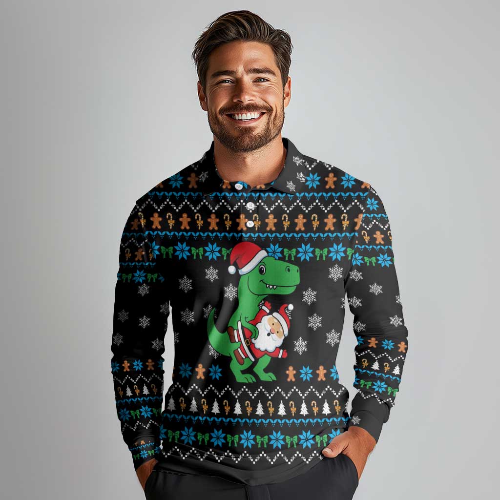 Funny Santa Riding Dinosaur Christmas Long Sleeve Polo Shirt Gingerbread Snowflake Pattern - Wonder Print Shop