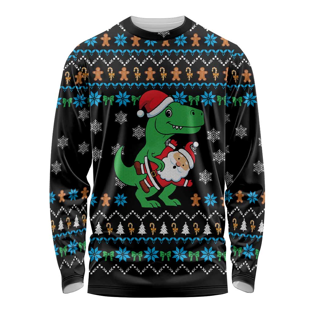 Funny Santa Riding Dinosaur Christmas Long Sleeve Shirt Gingerbread Snowflake Pattern - Wonder Print Shop