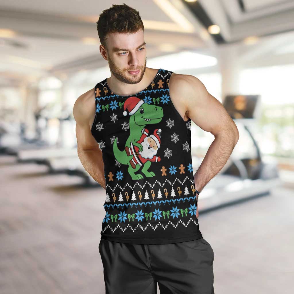 Funny Santa Riding Dinosaur Christmas Men Tank Top Gingerbread Snowflake Pattern - Wonder Print Shop