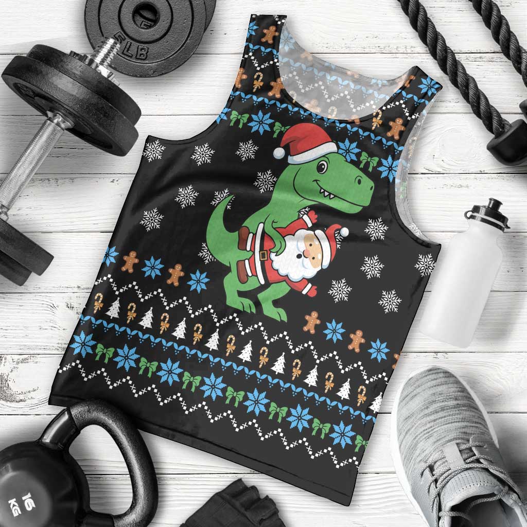 Funny Santa Riding Dinosaur Christmas Men Tank Top Gingerbread Snowflake Pattern - Wonder Print Shop