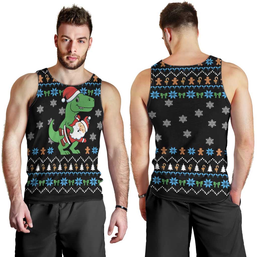 Funny Santa Riding Dinosaur Christmas Men Tank Top Gingerbread Snowflake Pattern - Wonder Print Shop