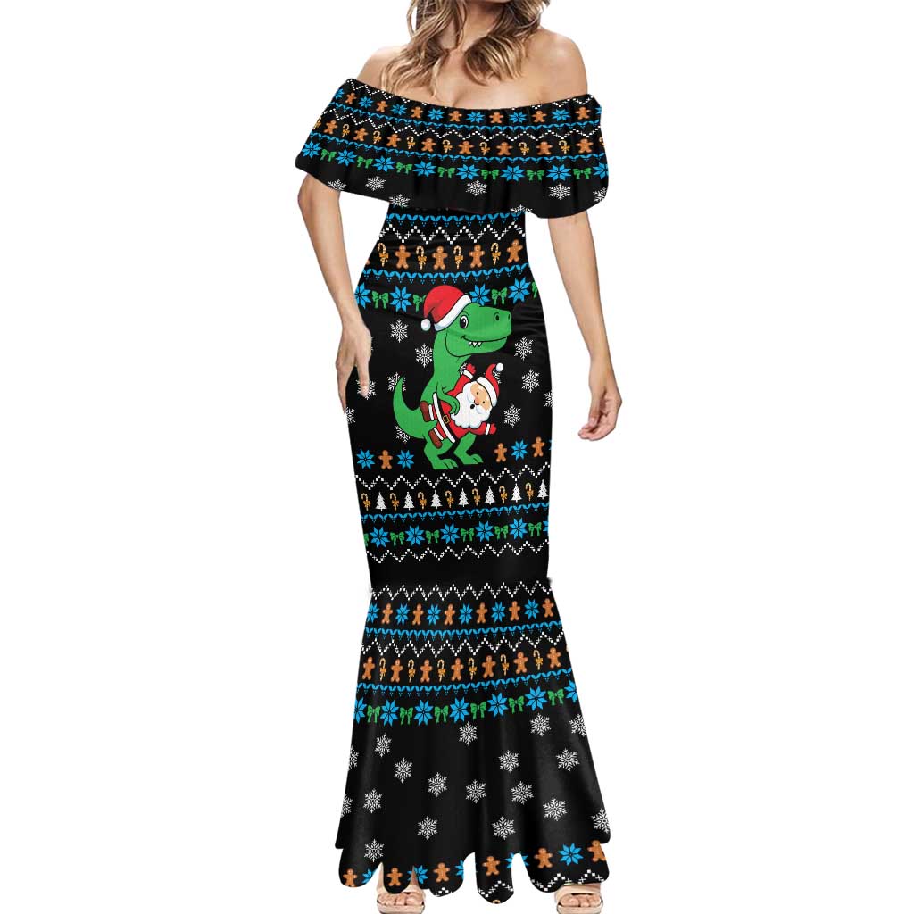 Funny Santa Riding Dinosaur Christmas Mermaid Dress Gingerbread Snowflake Pattern - Wonder Print Shop