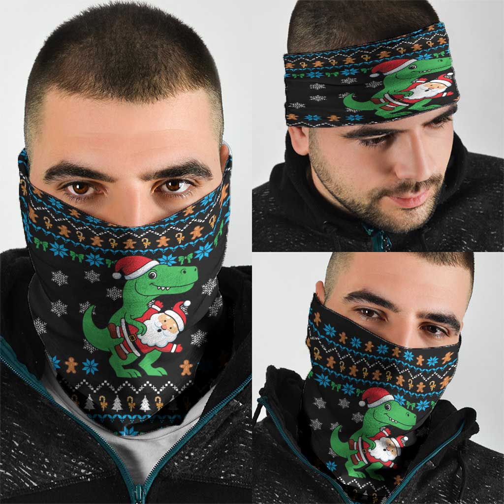 Funny Santa Riding Dinosaur Christmas Neck Gaiter Gingerbread Snowflake Pattern - Wonder Print Shop