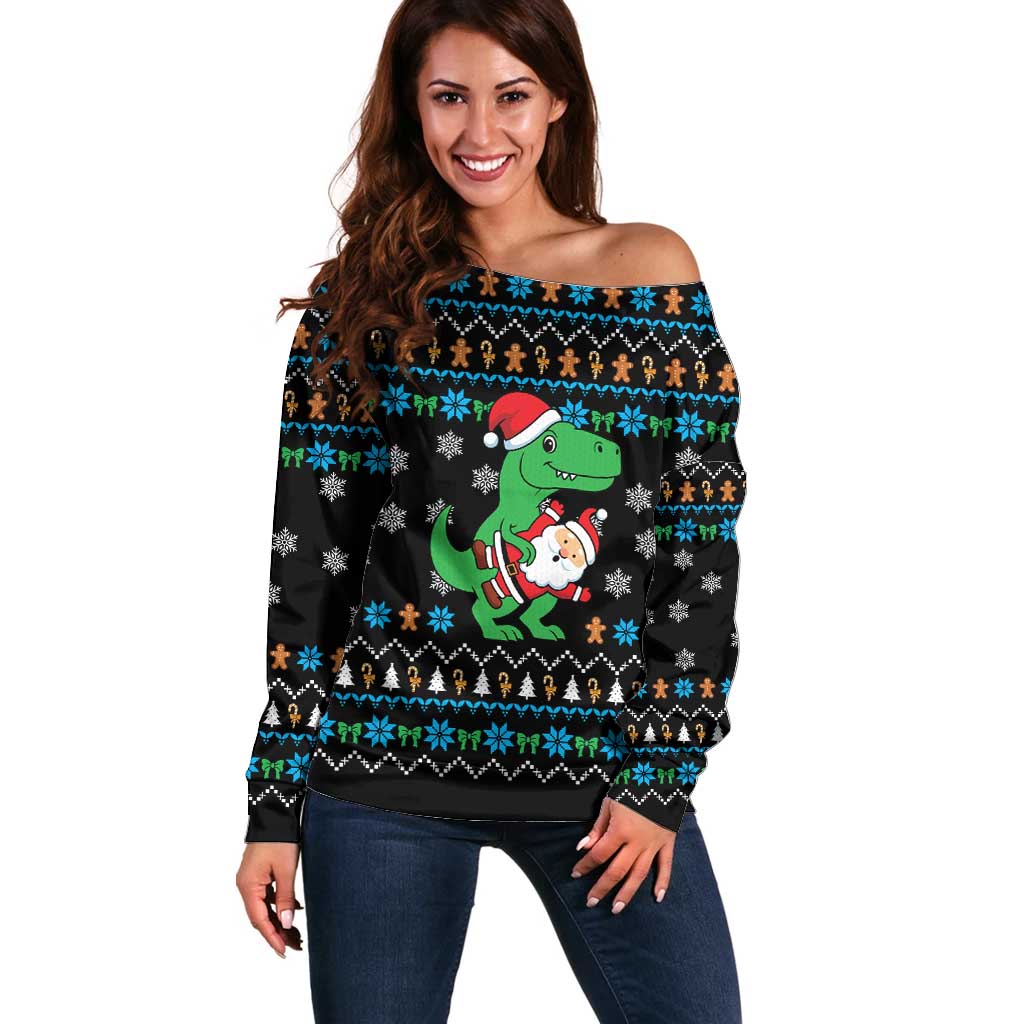 Funny Santa Riding Dinosaur Christmas Off Shoulder Sweater Gingerbread Snowflake Pattern - Wonder Print Shop