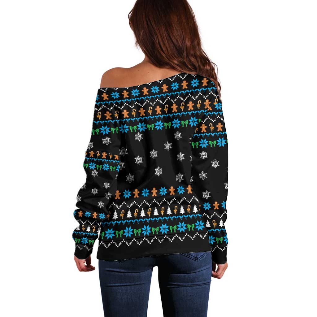 Funny Santa Riding Dinosaur Christmas Off Shoulder Sweater Gingerbread Snowflake Pattern - Wonder Print Shop