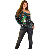 Funny Santa Riding Dinosaur Christmas Off Shoulder Sweater Gingerbread Snowflake Pattern - Wonder Print Shop
