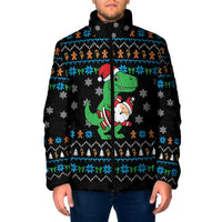 Funny Santa Riding Dinosaur Christmas Padded Jacket Gingerbread Snowflake Pattern - Wonder Print Shop