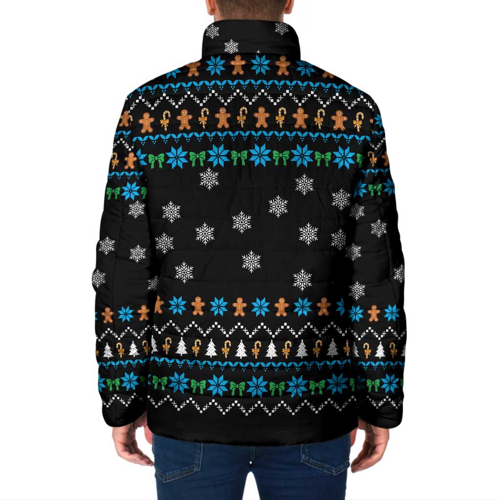 Funny Santa Riding Dinosaur Christmas Padded Jacket Gingerbread Snowflake Pattern - Wonder Print Shop