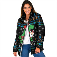 Funny Santa Riding Dinosaur Christmas Padded Jacket Gingerbread Snowflake Pattern - Wonder Print Shop
