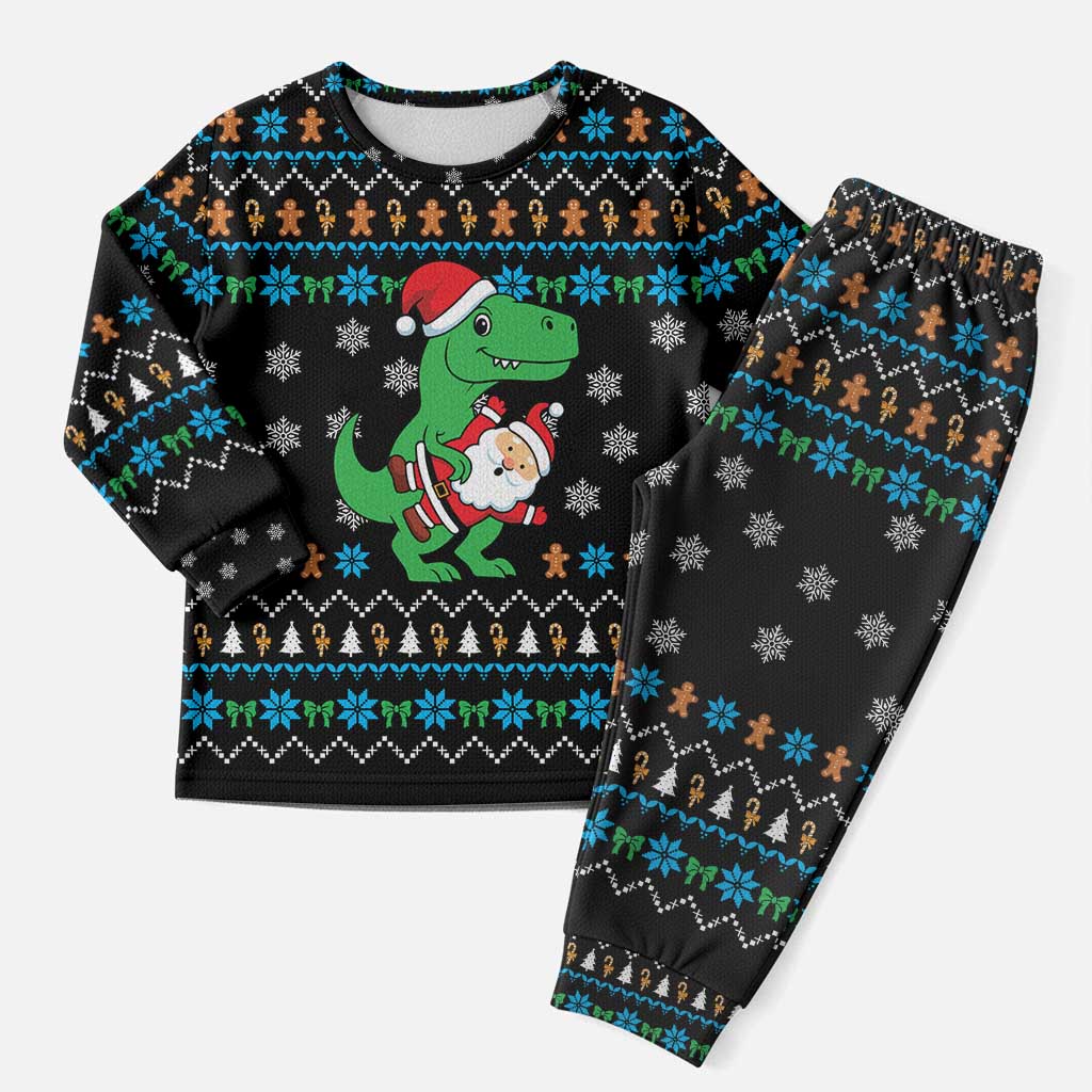 Funny Santa Riding Dinosaur Christmas Pajama Set Gingerbread Snowflake Pattern - Wonder Print Shop