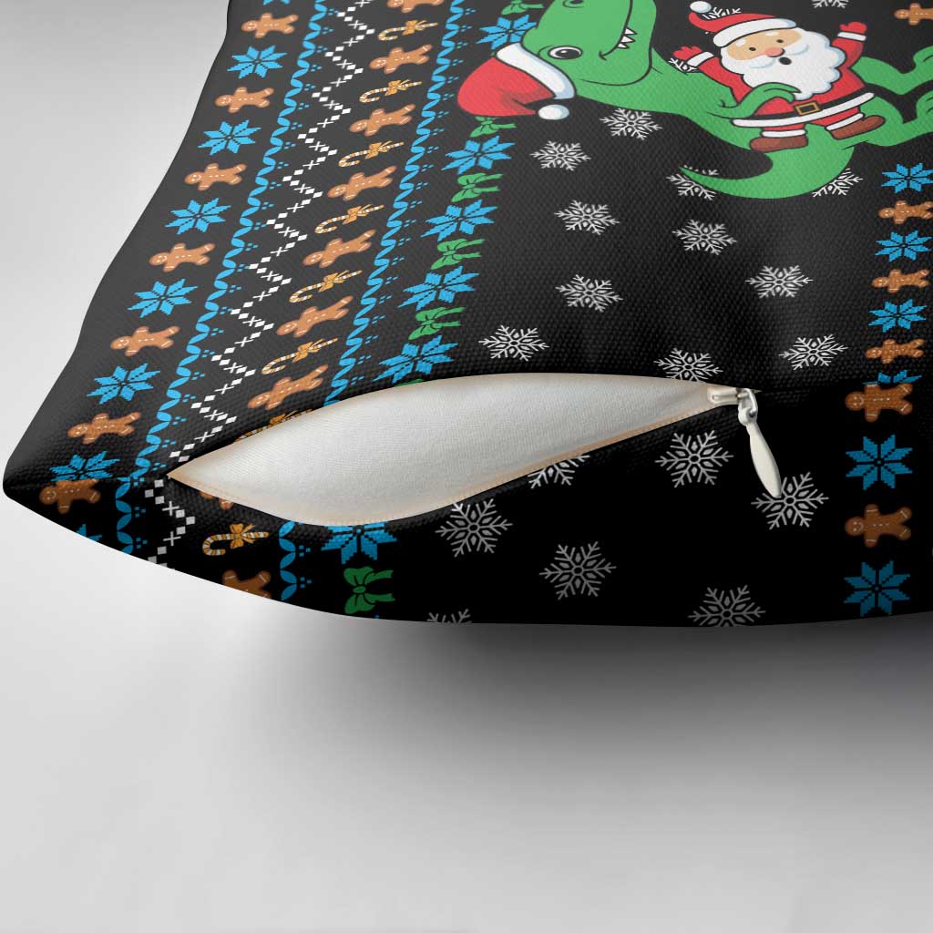 Funny Santa Riding Dinosaur Christmas Pillow Cover Gingerbread Snowflake Pattern - Wonder Print Shop