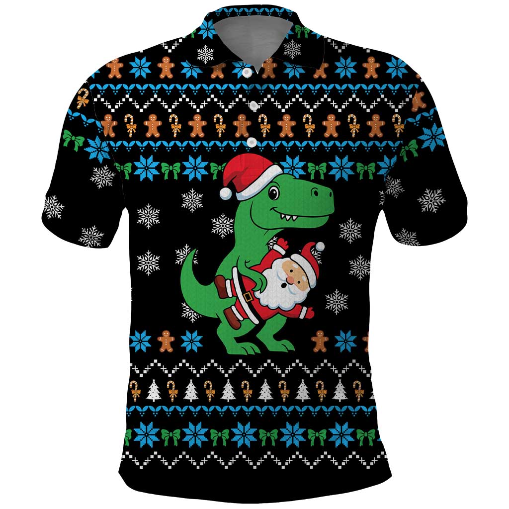 Funny Santa Riding Dinosaur Christmas Polo Shirt Gingerbread Snowflake Pattern - Wonder Print Shop