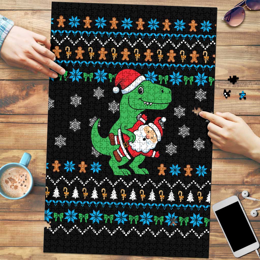 Funny Santa Riding Dinosaur Christmas Puzzle Gingerbread Snowflake Pattern - Wonder Print Shop