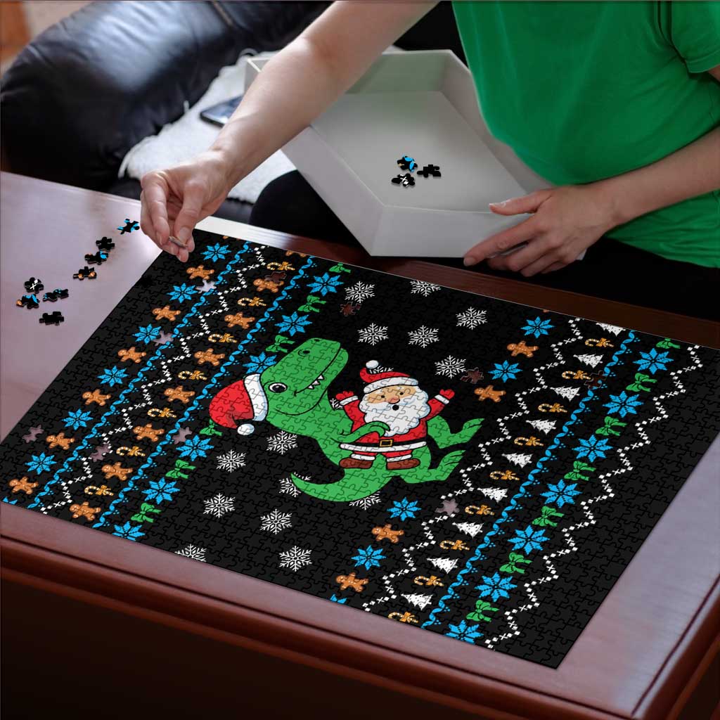 Funny Santa Riding Dinosaur Christmas Puzzle Gingerbread Snowflake Pattern - Wonder Print Shop