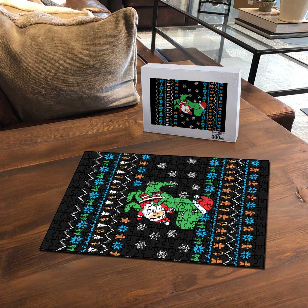 Funny Santa Riding Dinosaur Christmas Puzzle Gingerbread Snowflake Pattern - Wonder Print Shop