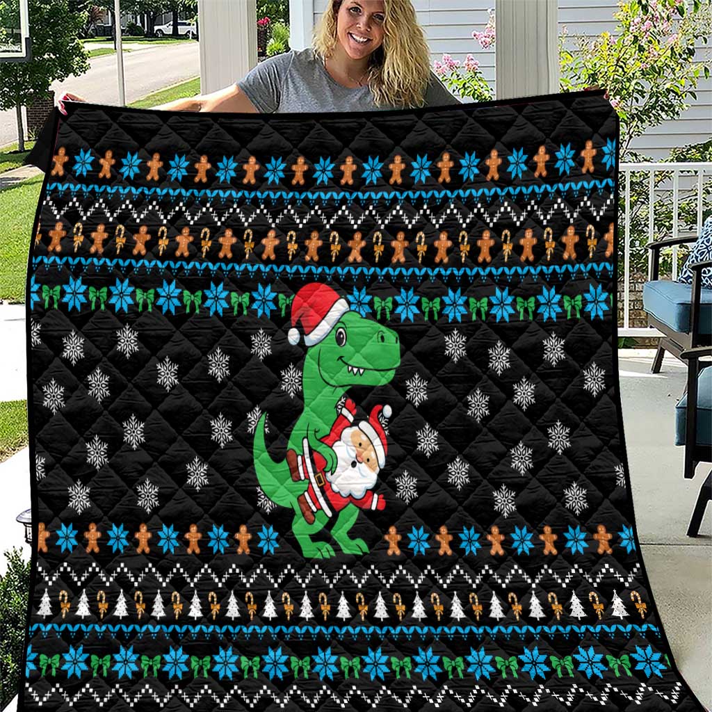 Funny Santa Riding Dinosaur Christmas Quilt Gingerbread Snowflake Pattern - Wonder Print Shop