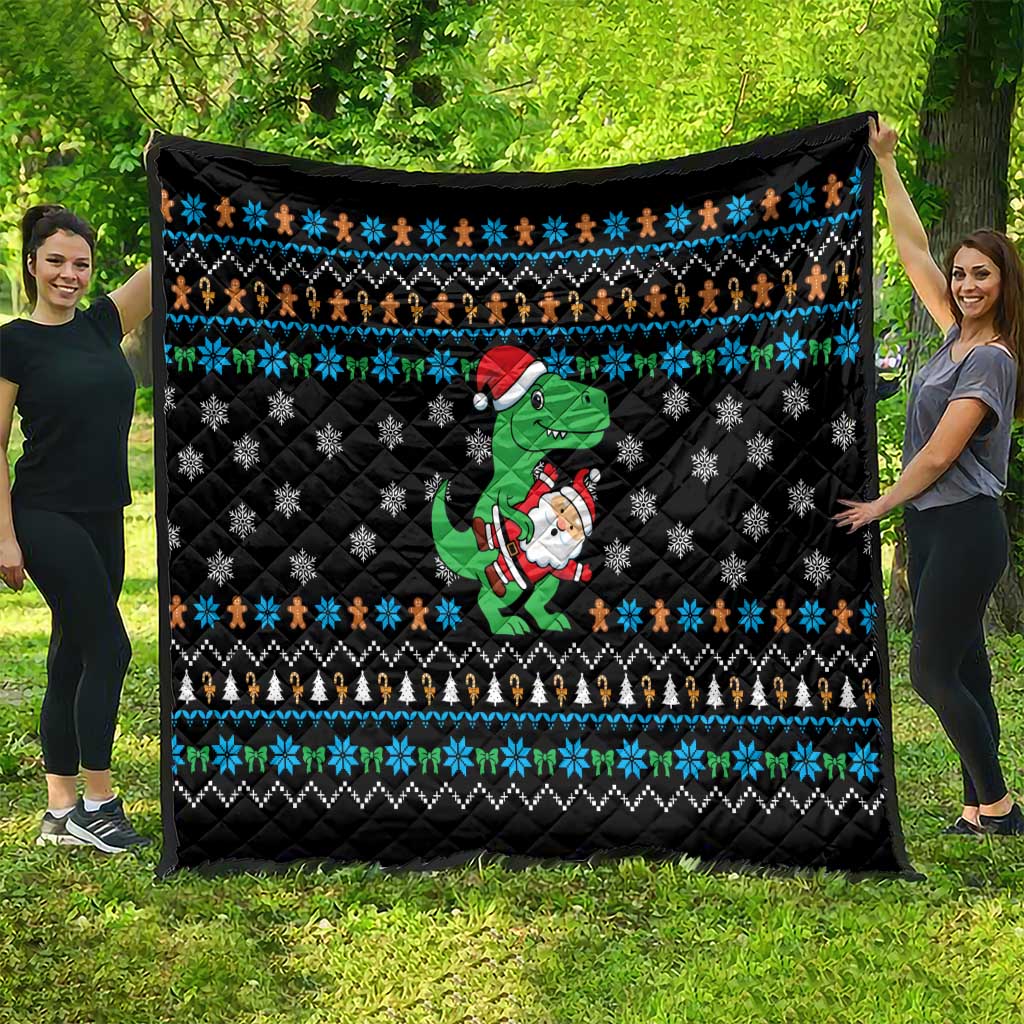 Funny Santa Riding Dinosaur Christmas Quilt Gingerbread Snowflake Pattern - Wonder Print Shop