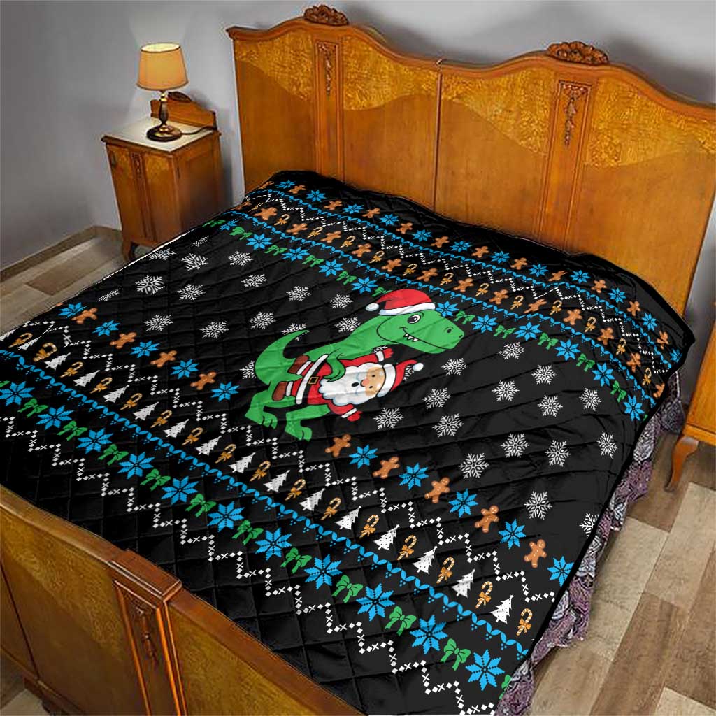 Funny Santa Riding Dinosaur Christmas Quilt Gingerbread Snowflake Pattern - Wonder Print Shop