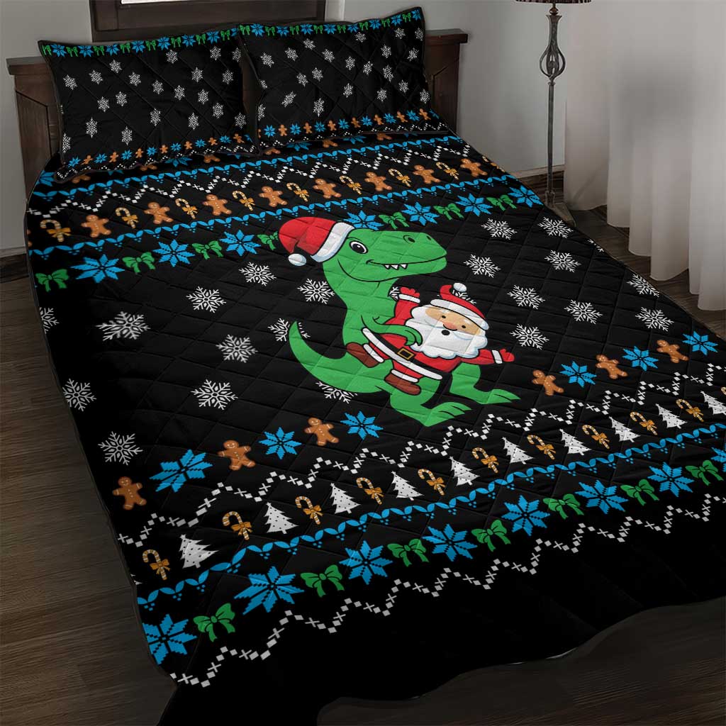 Funny Santa Riding Dinosaur Christmas Quilt Bed Set Gingerbread Snowflake Pattern - Wonder Print Shop
