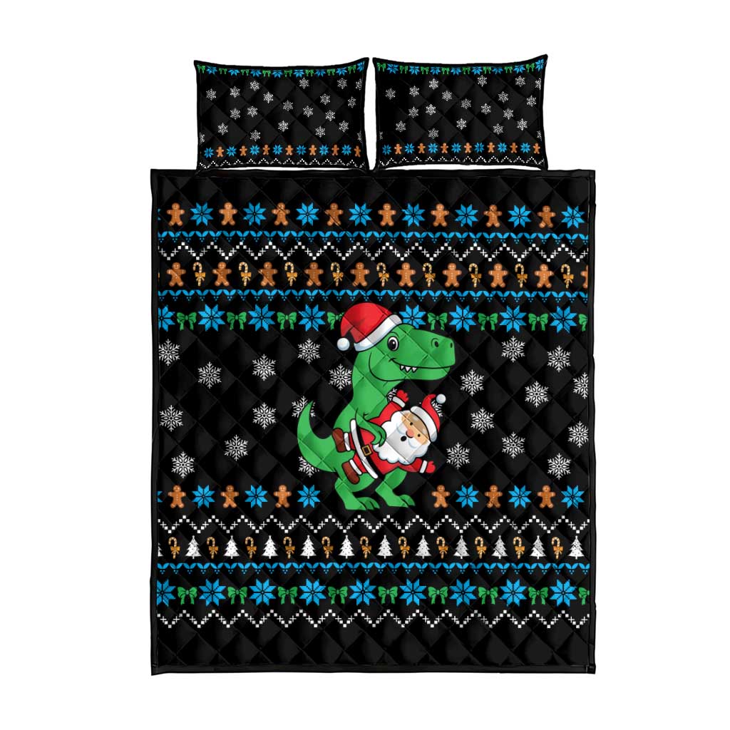 Funny Santa Riding Dinosaur Christmas Quilt Bed Set Gingerbread Snowflake Pattern - Wonder Print Shop
