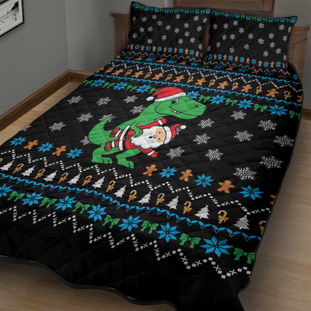 Funny Santa Riding Dinosaur Christmas Quilt Bed Set Gingerbread Snowflake Pattern - Wonder Print Shop
