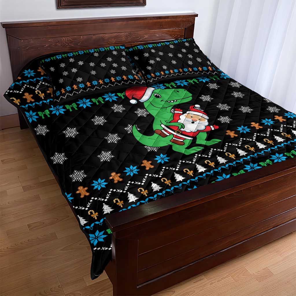 Funny Santa Riding Dinosaur Christmas Quilt Bed Set Gingerbread Snowflake Pattern - Wonder Print Shop
